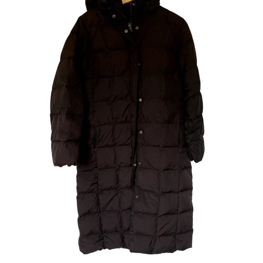 Lands' End full length black puffer coat women's size M hooded pockets winter
